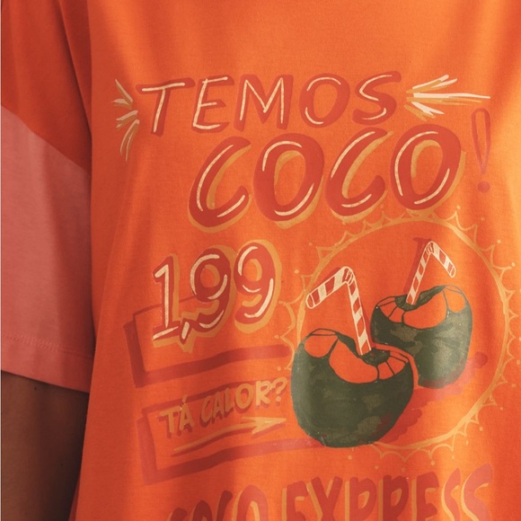 FARM Rio Tops - Farm Rio Orange Graphic T-Shirt with Coconut Design “Come to Brazil” 🥥 🌴